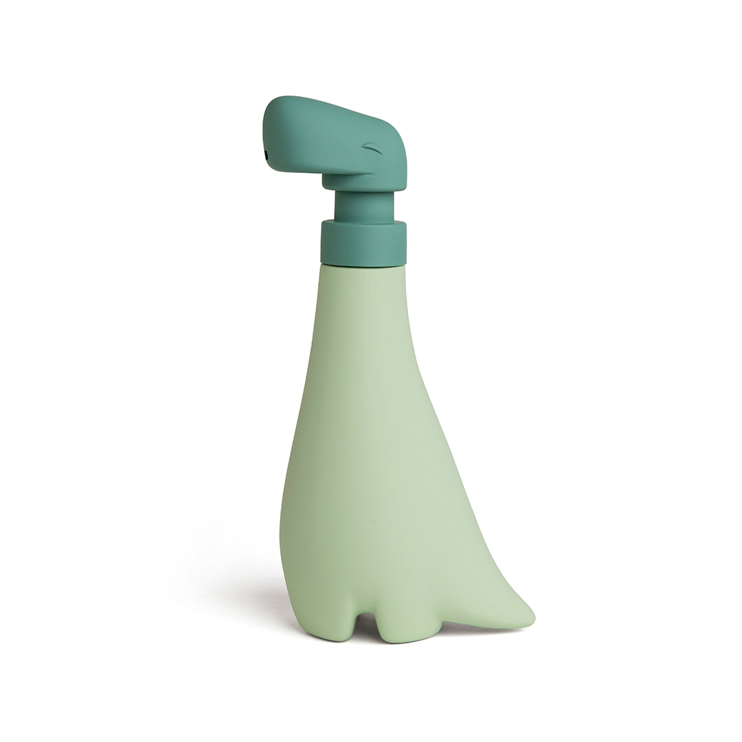 Meet Soapasaurus, the OTOTO soap dispenser, a green dinosaur with a long neck and tail.