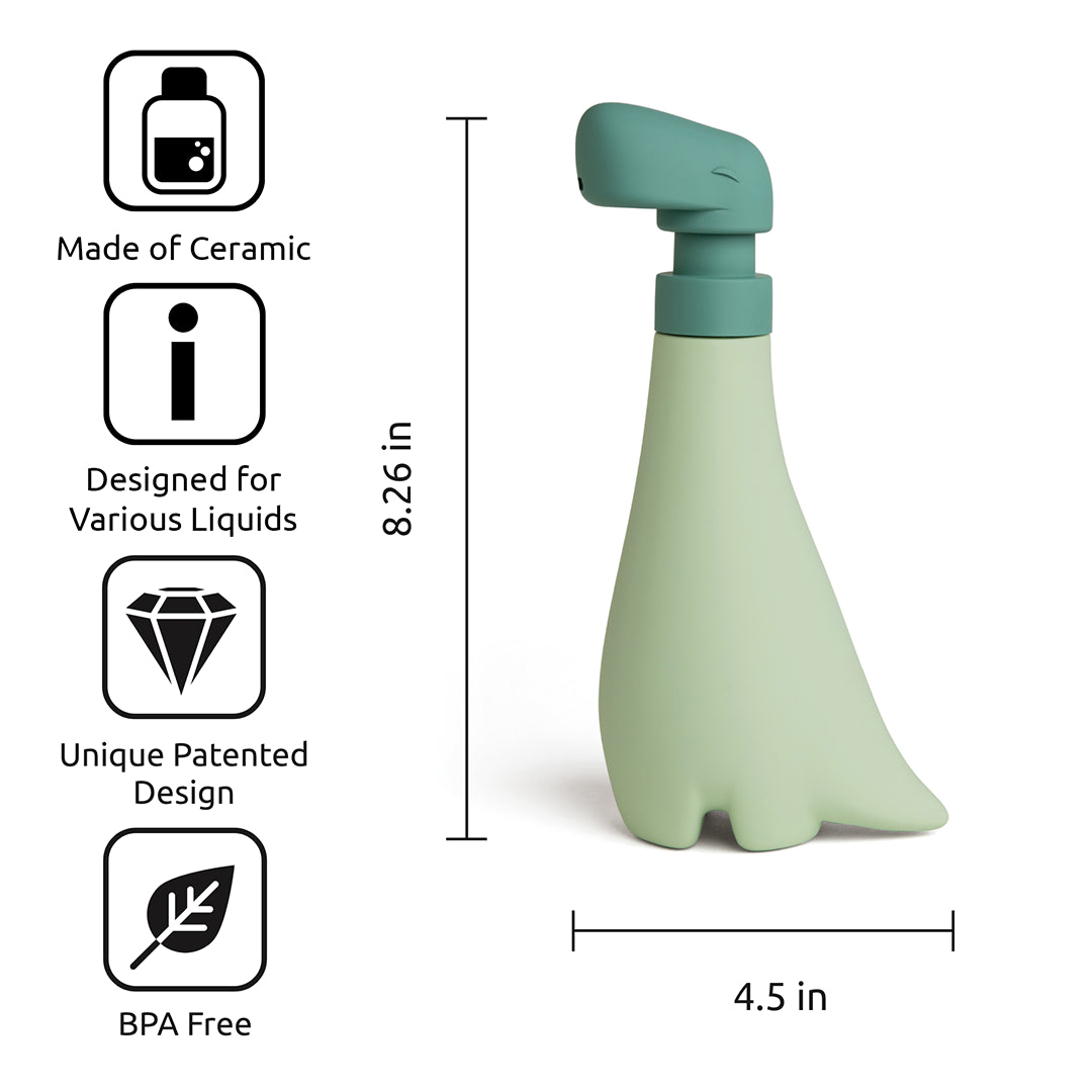 Meet Soapasaurous: the ceramic dinosaur hand soap dispenser by OTOTO, multipurpose, BPA-free, and patented.