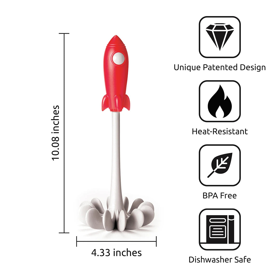 Space Masher: A red, rocket-shaped, BPA-free kitchen gadget by OTOTO with a flower base and heat resistance.