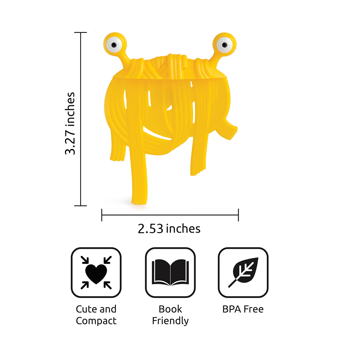 Yellow OTOTO creature-shaped book holder, BPA-free & book-friendly, perfect for Spaghetti Tale.