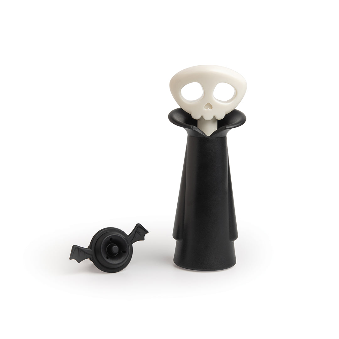 Spookelier wine stopper set with a skull top and bat-shaped accessory in black and white.