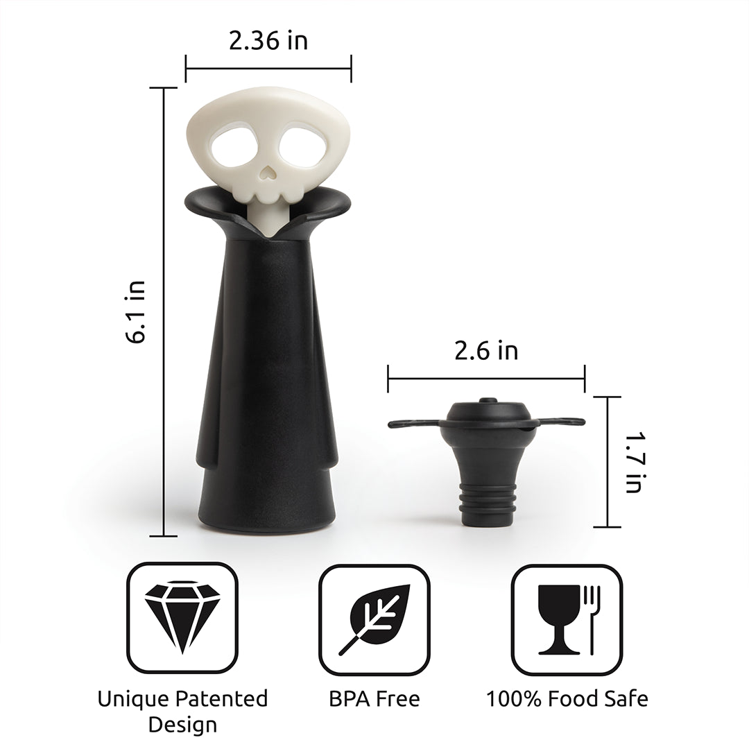Spookelier skull wine stopper & pump set, BPA-free, food-safe, with a unique design.