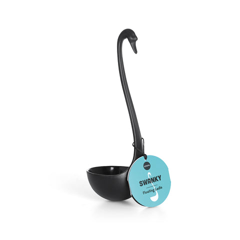 Elegant black swan-shaped Swanky ladle, perfect for floating in soups or stews.