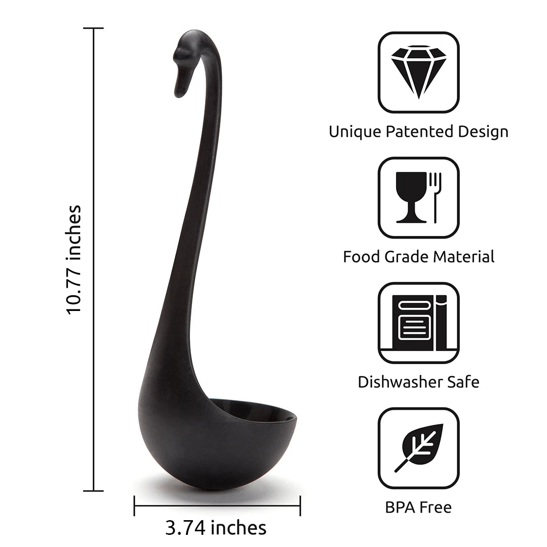 Swanky black ladle: Swan-like elegance, unique design, BPA-free, food grade, dishwasher safe.