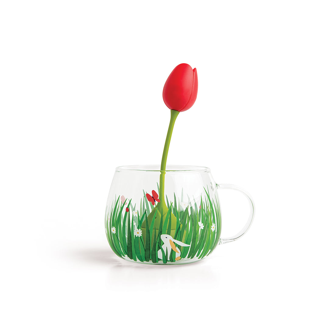OTOTOs Tea Garden set features a glass cup, rabbit motif, tea diffuser, and tulip spoon.