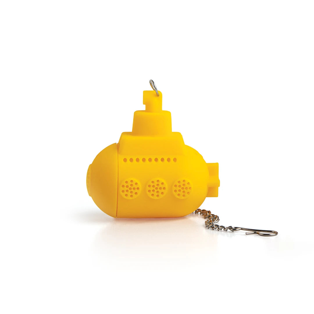 Yellow Tea Sub tea infuser with chain on white background.