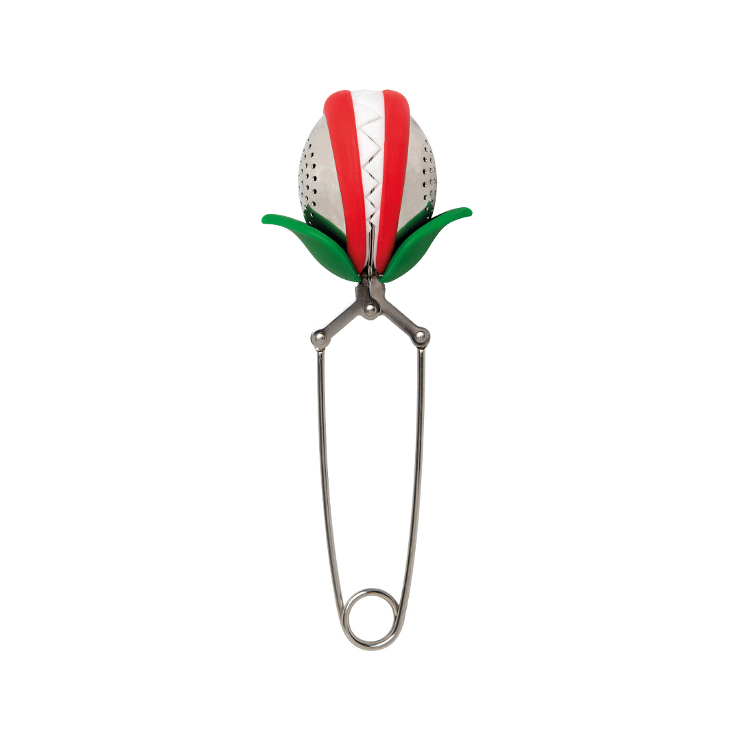 Tea Trap: A flower-shaped tea infuser with red petals and green leaves by OTOTO.