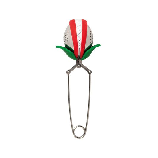 Tea Trap: A flower-shaped tea infuser with red petals and green leaves by OTOTO.