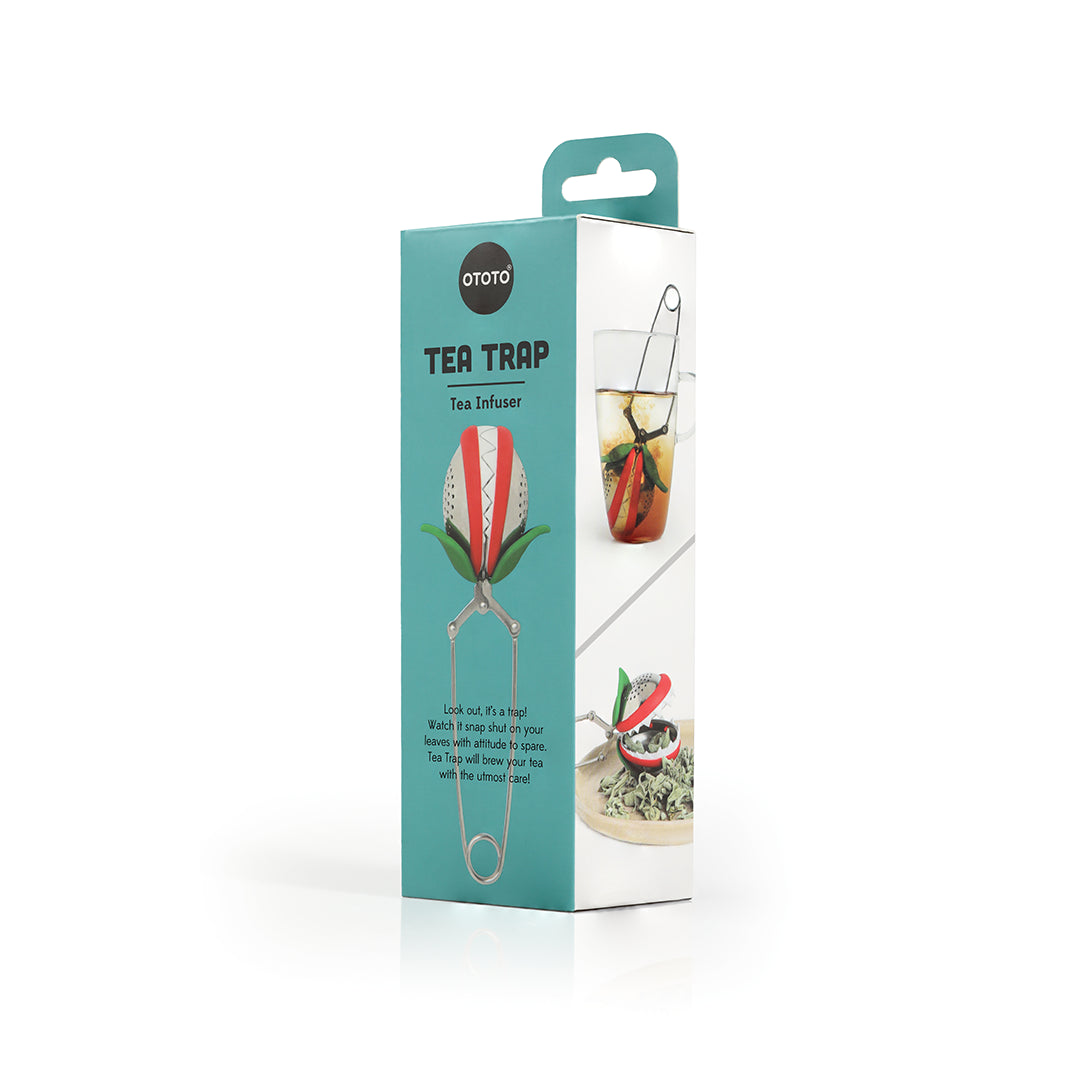 Box of the OTOTO Tea Trap infuser with colorful design and usage images.