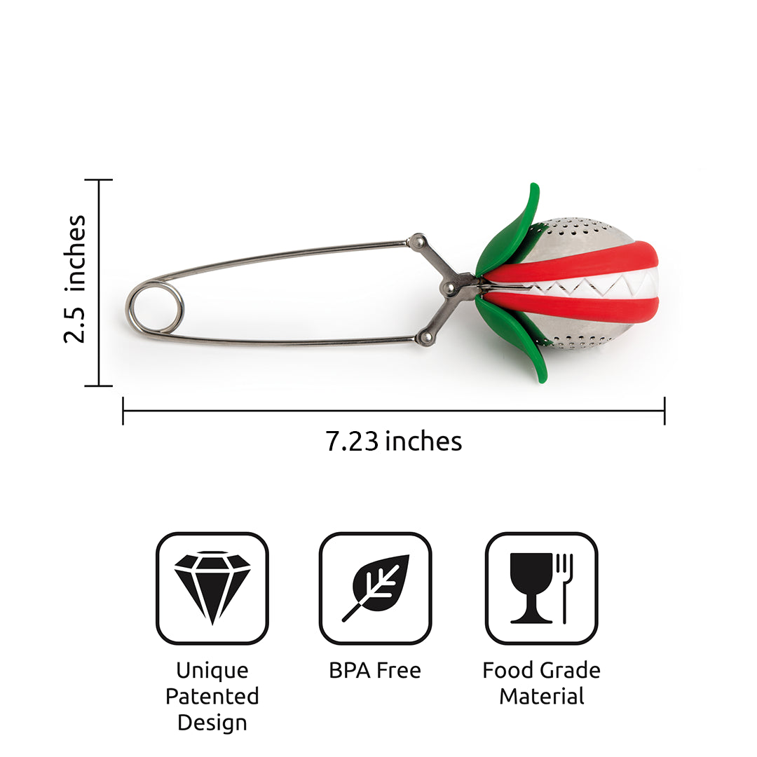 OTOTO Tea Trap infuser: Patented, BPA-free, food-grade material. Size 7.23x2.5 inches, red accents.