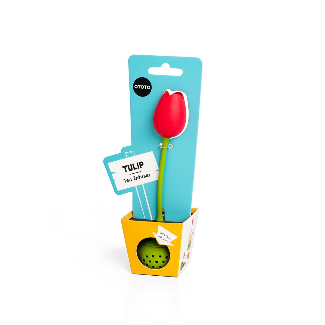 OTOTO Tulip tea infuser, vibrant packaging with blue card and yellow base.