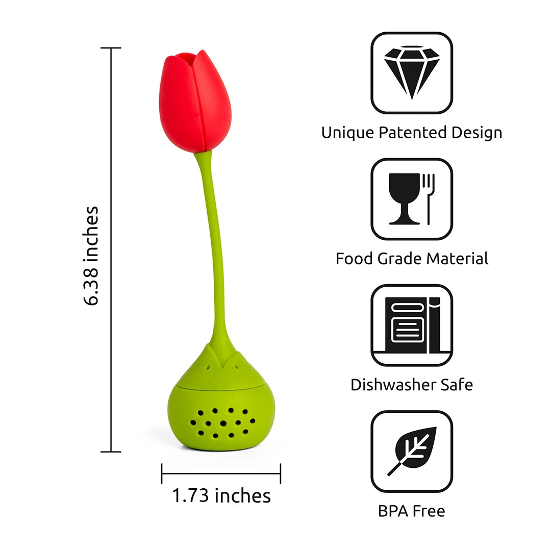 OTOTOs Tulip tea infuser is red with a green stem, BPA-free, and dishwasher safe.
