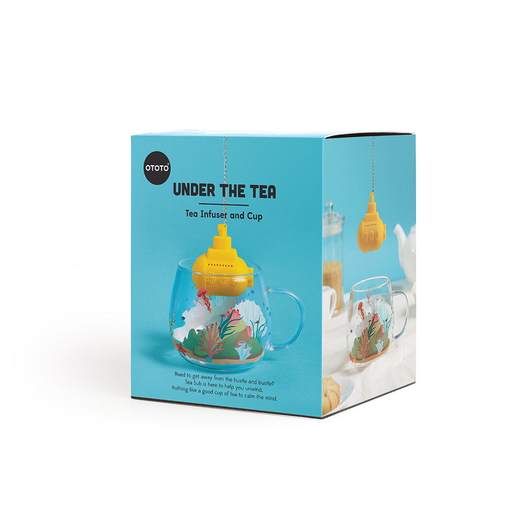 Adventurous Under the Tea tea set with yellow submarine design infuser and cup.