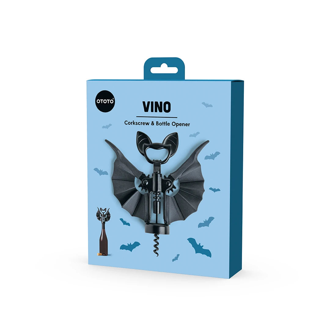 OTOTOs Vino corkscrew and bottle opener set with sleek bat graphics on the packaging.