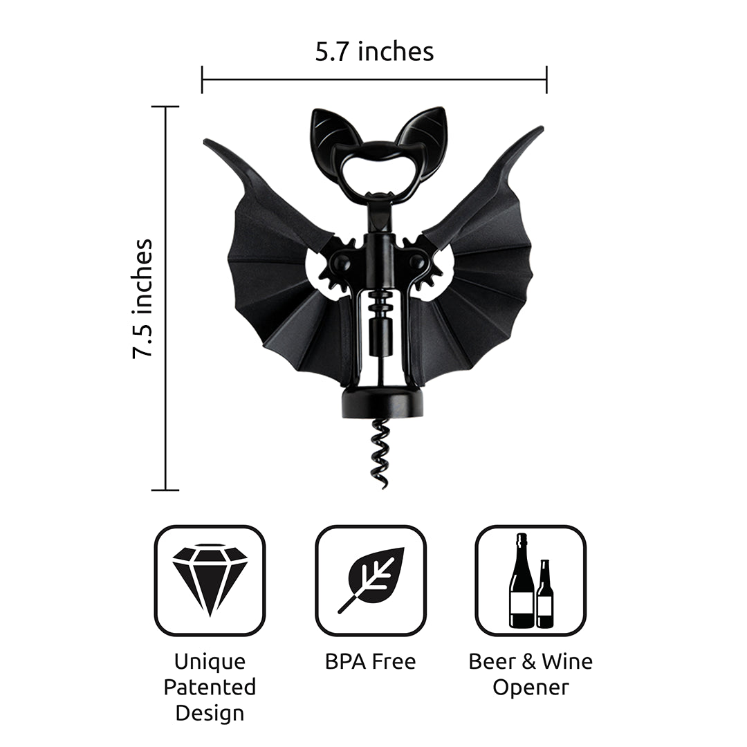 OTOTO Vino bat-shaped corkscrew, 7.5×5.7 in., unique, BPA-free design with icons for easy use.