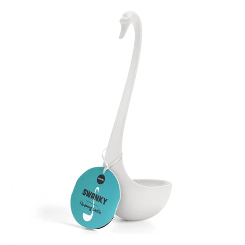 A white Swanky ladle shaped like a swan, with a blue "Floating Ladle" tag attached.