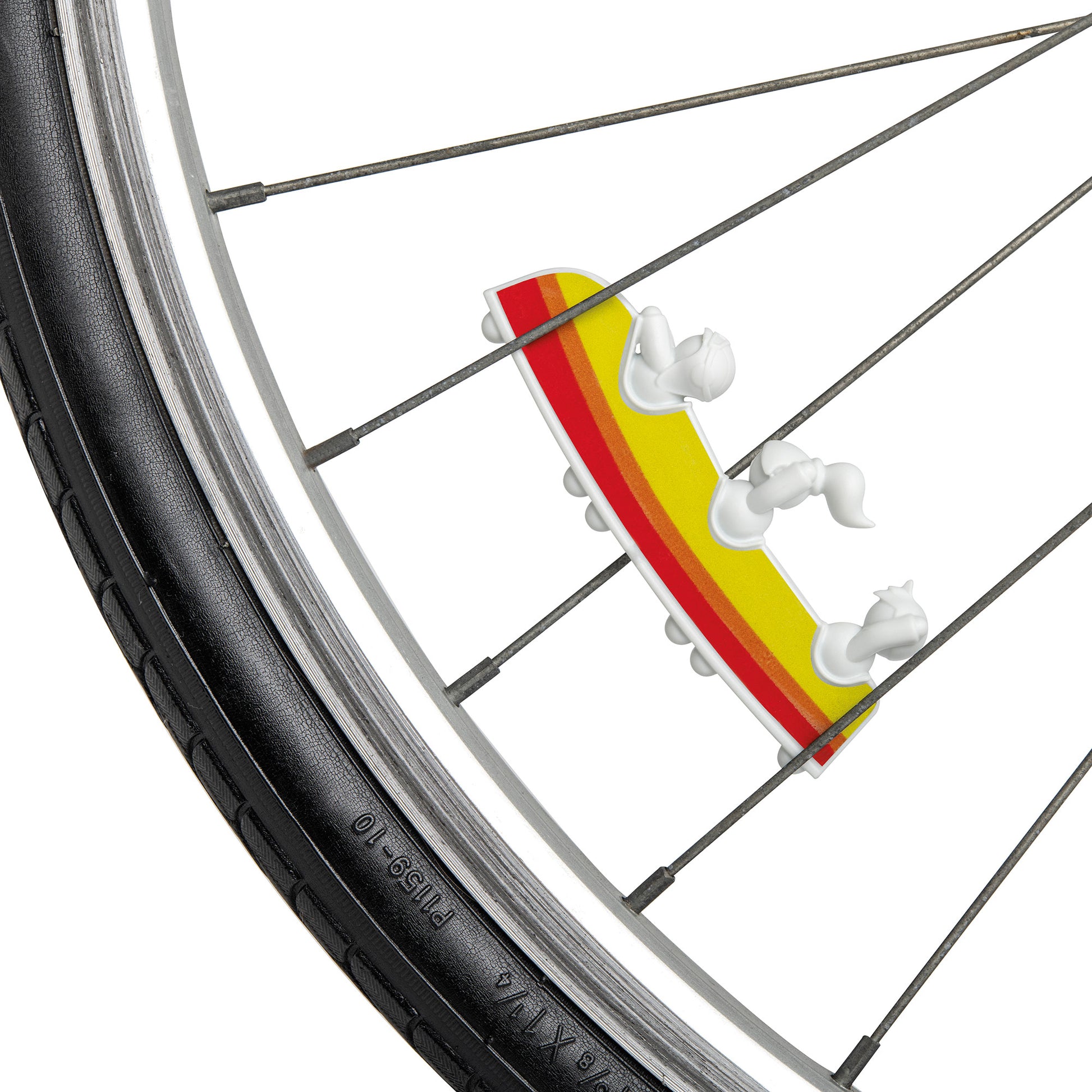 Close-up of a bike wheel with the Rollerama clip, showing red, yellow, and white horse figures by OTOTO.