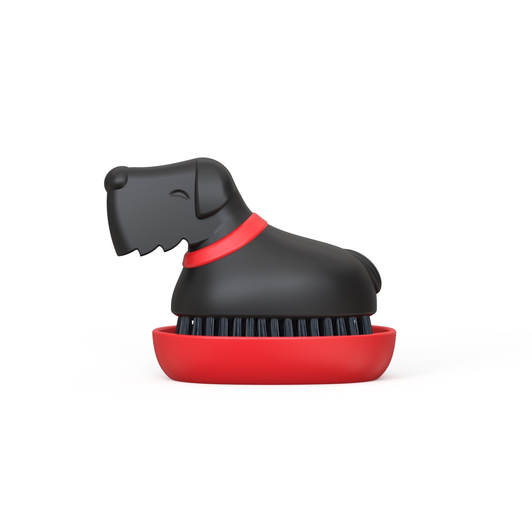 Oscar, the dish scrub brush by OTOTO, has a red collar and a matching red base.