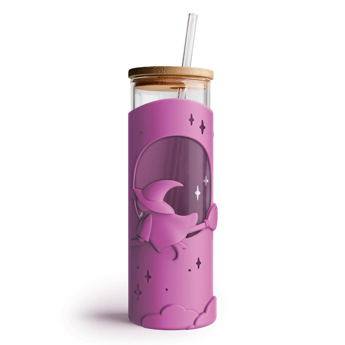 Wicked Brew glass tumbler with bamboo lid, straw, and purple witch sleeve—ideal for boba drinks.