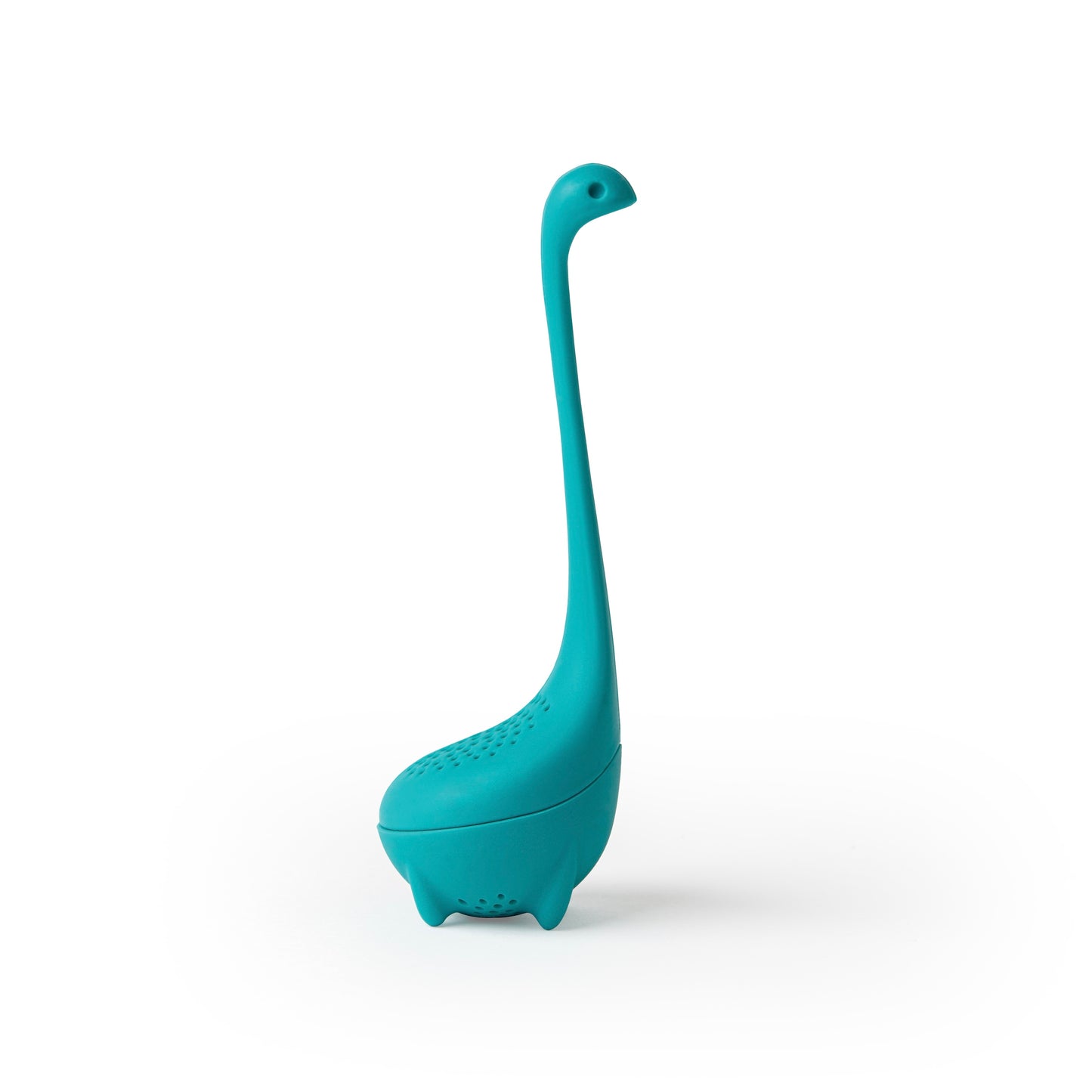 Teal Baby Nessie ladle shaped like a dinosaur, long neck, four feet, on white background.