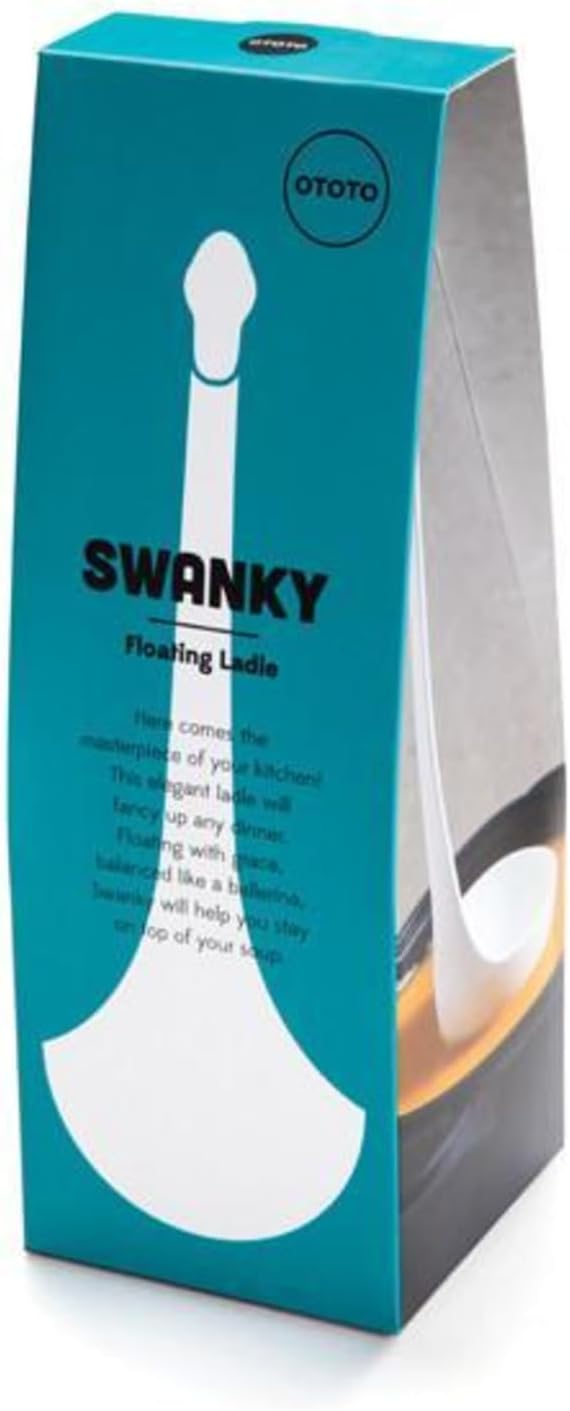 Blue box packaging for OTOTOs Swanky, an elegant swan-shaped ladle.