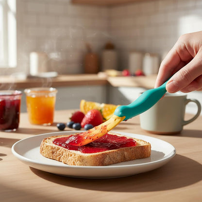 A hand spreads jam on toast with the Splatypus jar scraper in a sunlit kitchen.