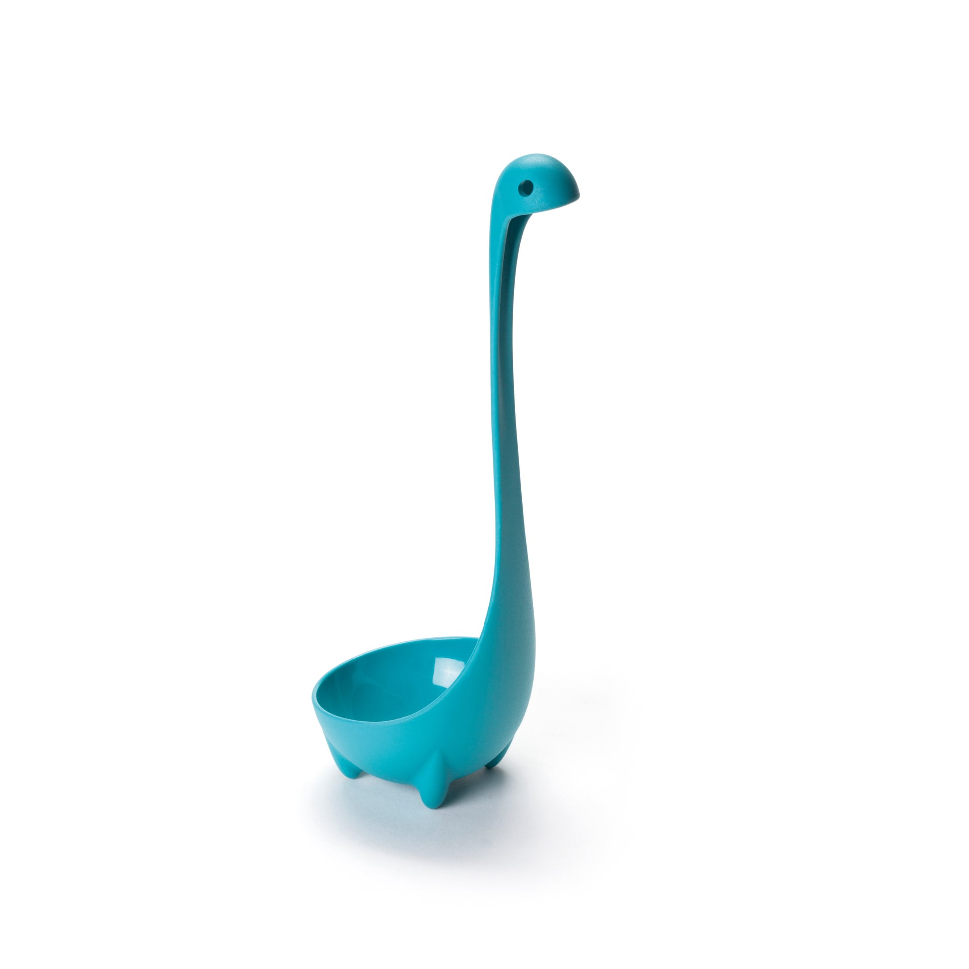Nessie is a blue dinosaur-shaped soup ladle with four short legs and a long neck.