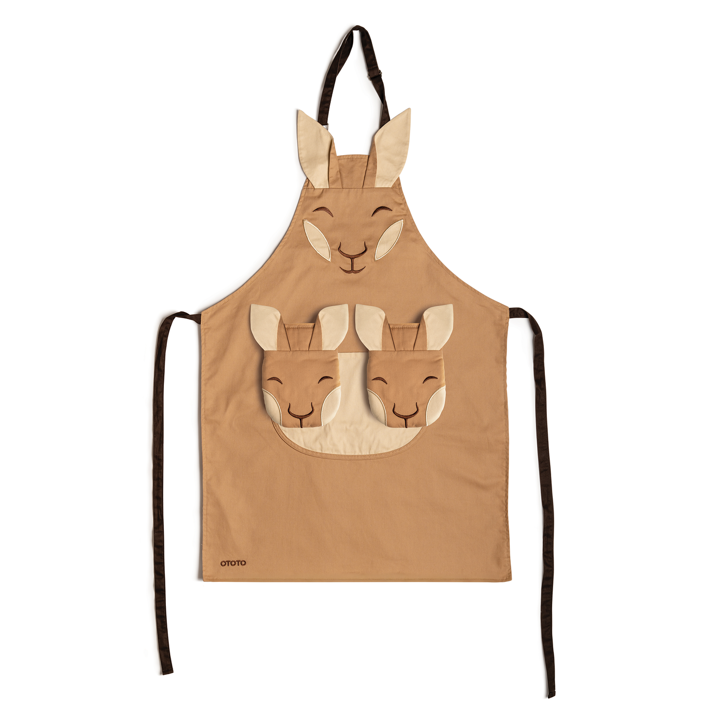 Aproo: Tan chef apron with kangaroo face, two pouch pockets, baby faces, and cute ear details.