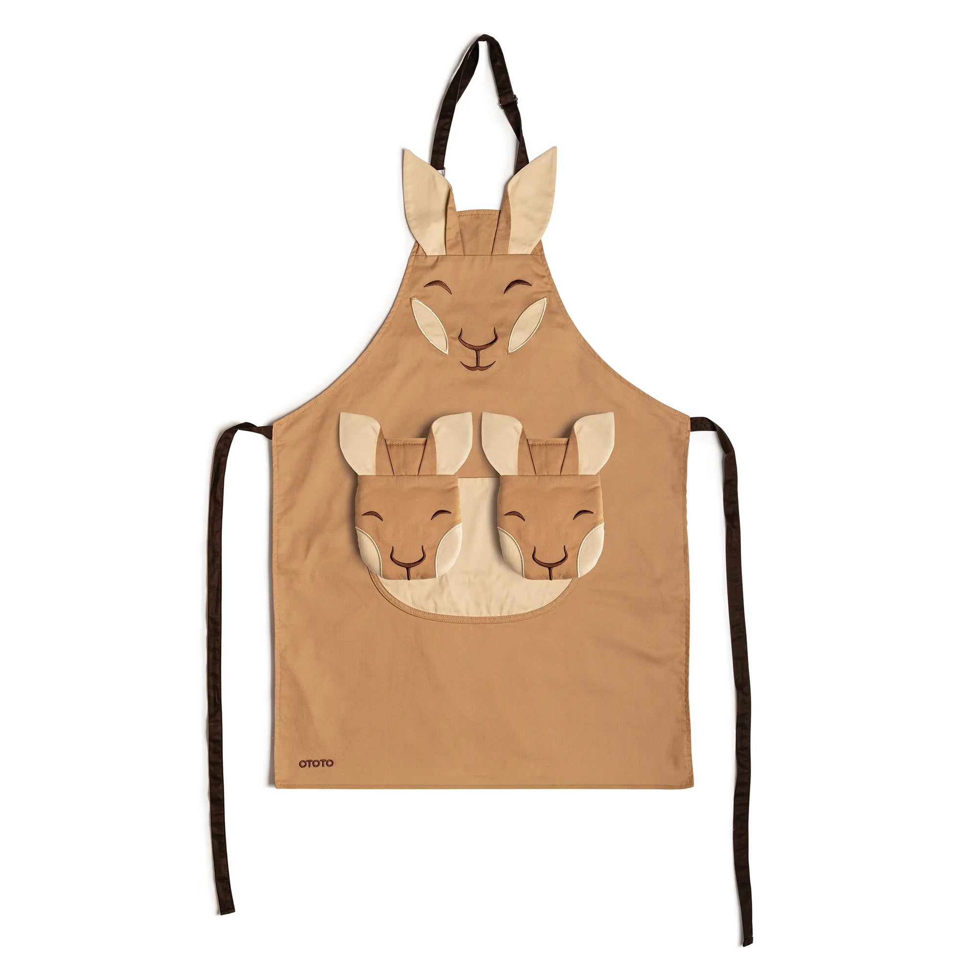 Aproo: Brown kitchen apron with two front pockets shaped like baby kangaroo faces.