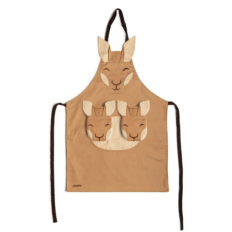 Aproo: Brown kitchen apron with two front pockets shaped like baby kangaroo faces.