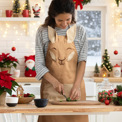 Woman cuts veggies in a festive kitchen, wearing the Aproo bunny chef apron amid Christmas decor.