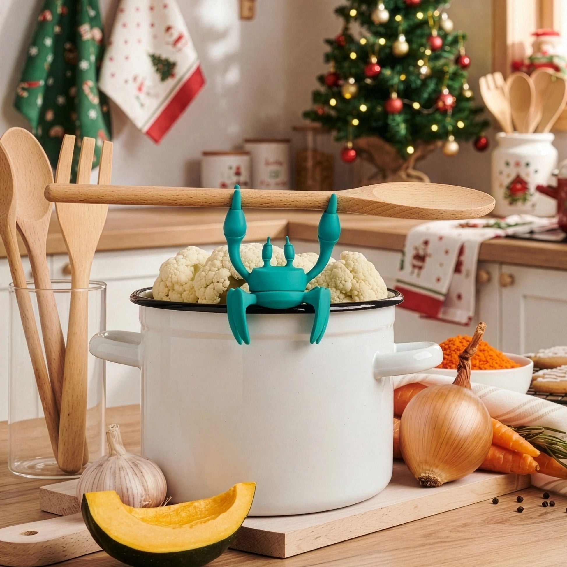 An OTOTO Aqua silicone utensil rest shaped like a crab sits festively on a pot in the kitchen.
