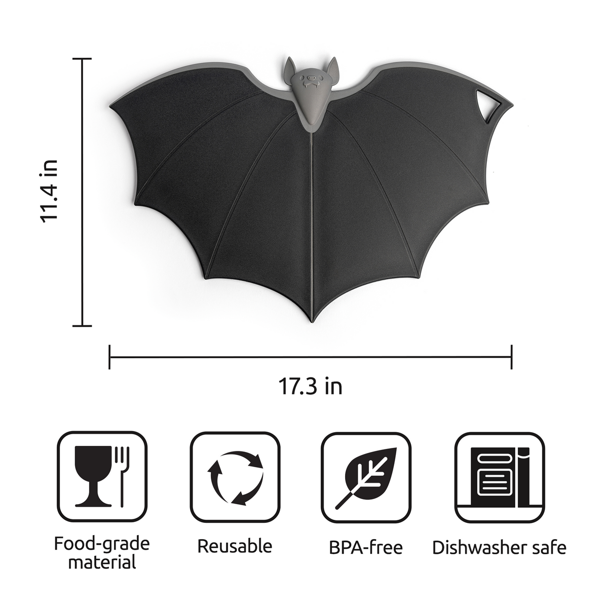 Batty bat-shaped placemat—food-grade, reusable, BPA-free, dishwasher safe, and spooky-cute by OTOTO.