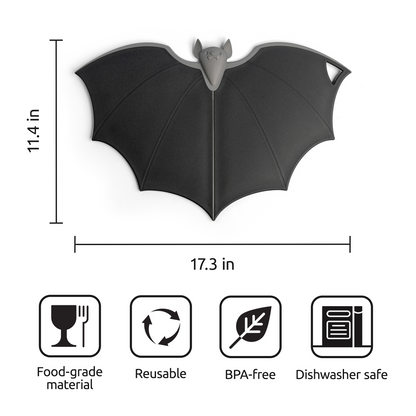 Batty bat-shaped placemat—food-grade, reusable, BPA-free, dishwasher safe, and spooky-cute by OTOTO.