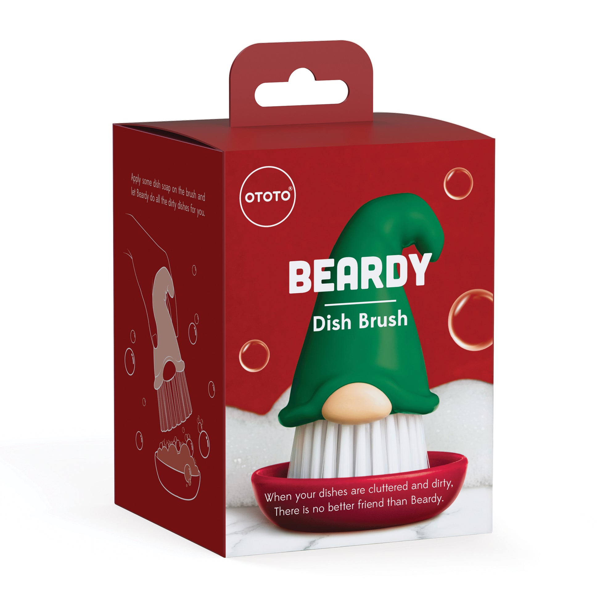 Beardy Dish Brush: a red box with a gnome brush, perfect for adding fun to kitchen chores.
