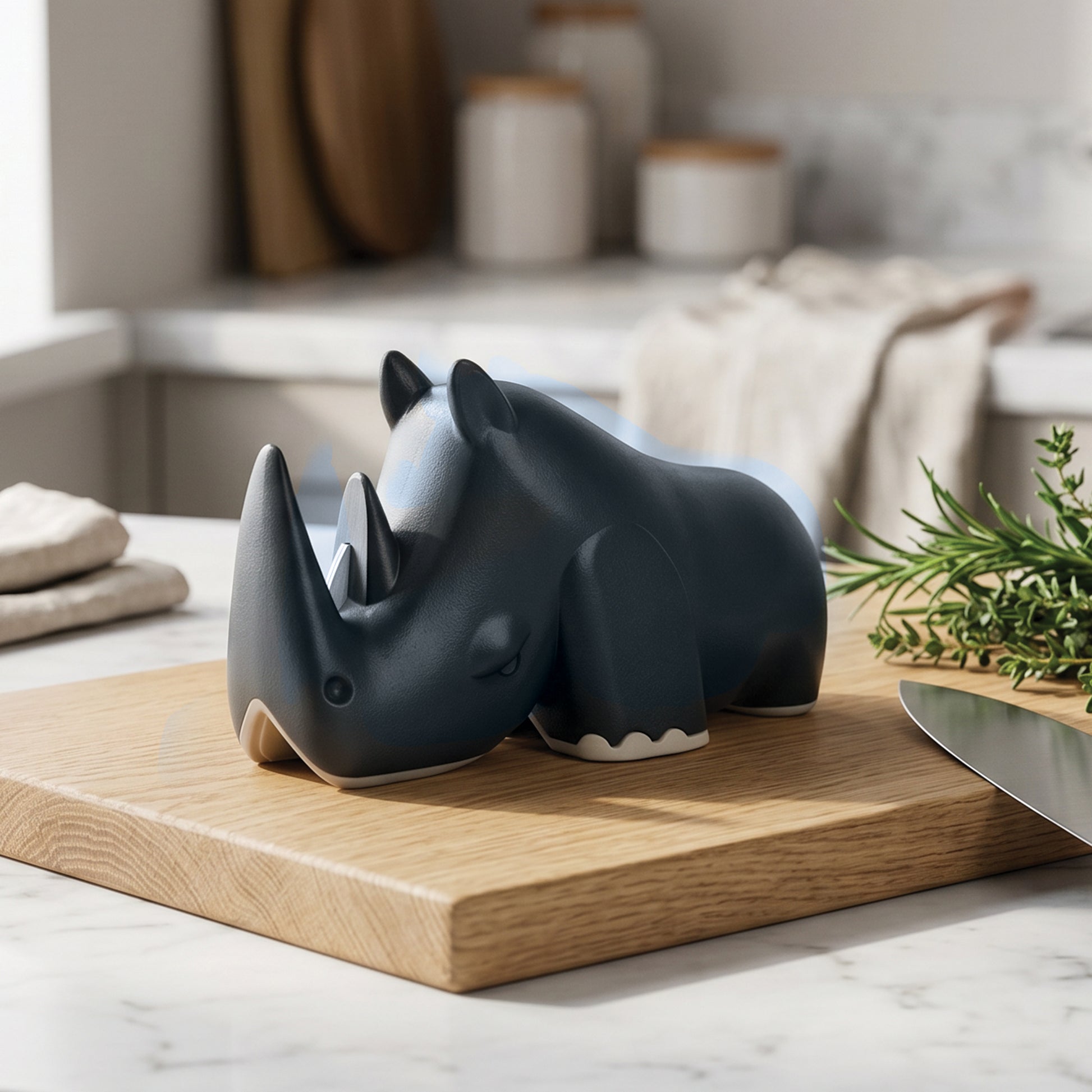 Blade, an OTOTO ceramic rhino figurine, sits on a wooden cutting board in a bright kitchen.