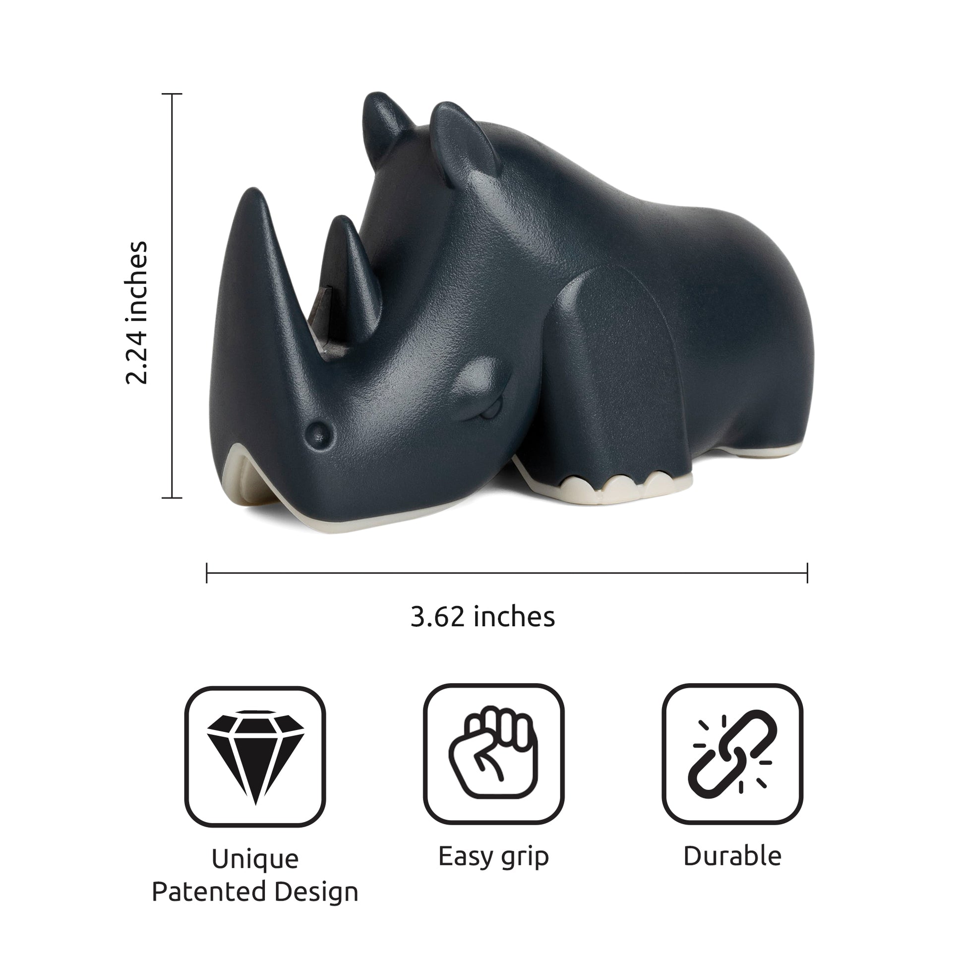 Blade dark gray rhino figurine by OTOTO, 2.24 x 3.62 in, with easy-grip icons—fun kitchen decor!.