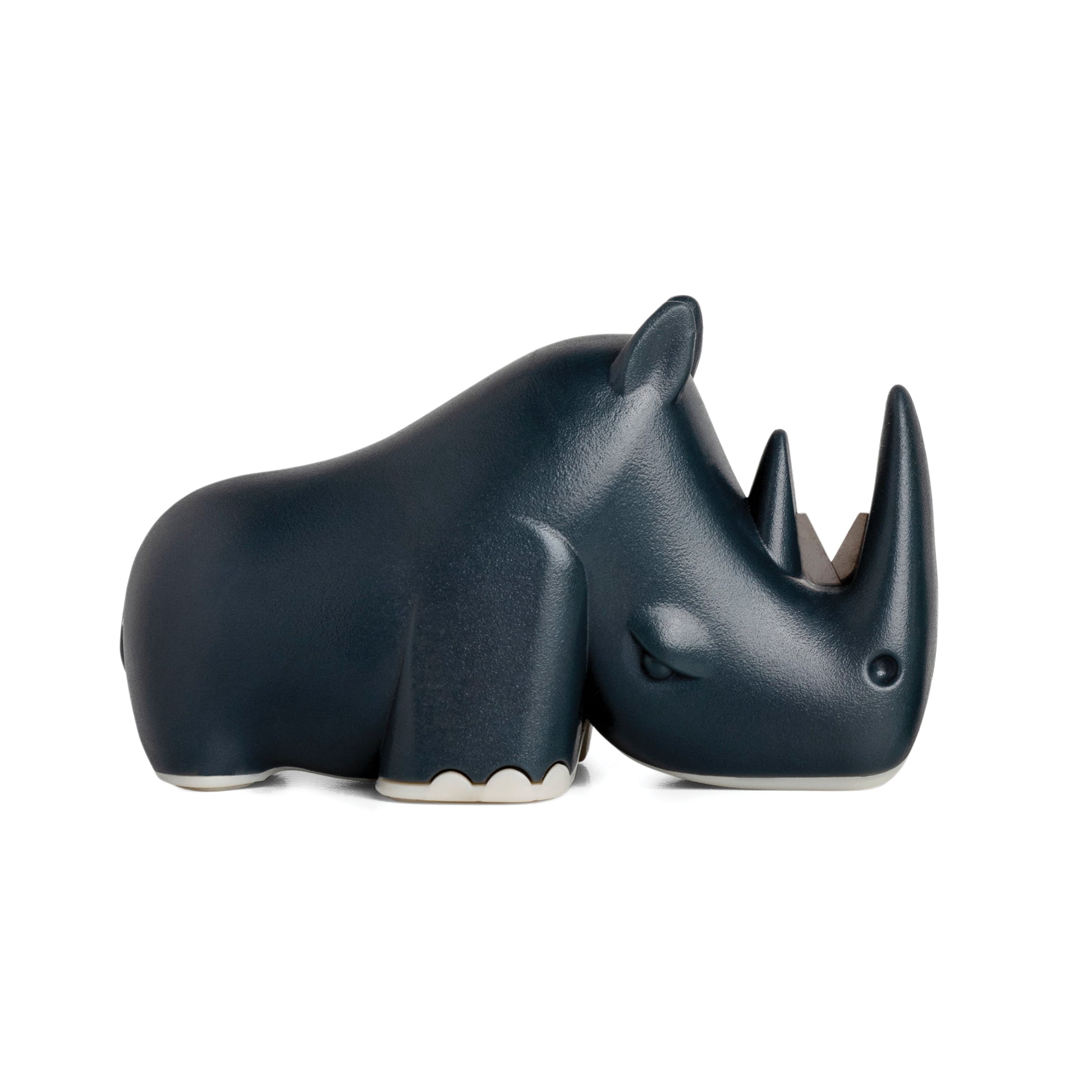 Blade is a dark blue, cartoon-style OTOTO rhino figurine that doubles as a quirky kitchen knife sharpener.