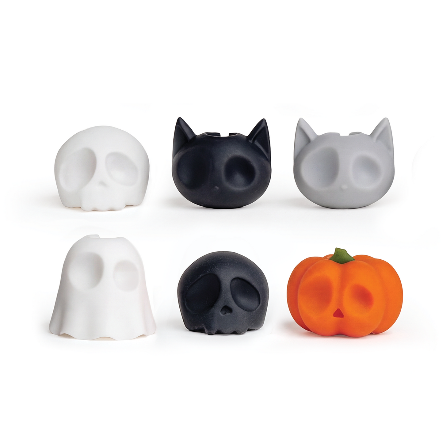 Boo Team includes six Halloween figures: white skull, black cat, gray cat, ghost, black skull, pumpkin.