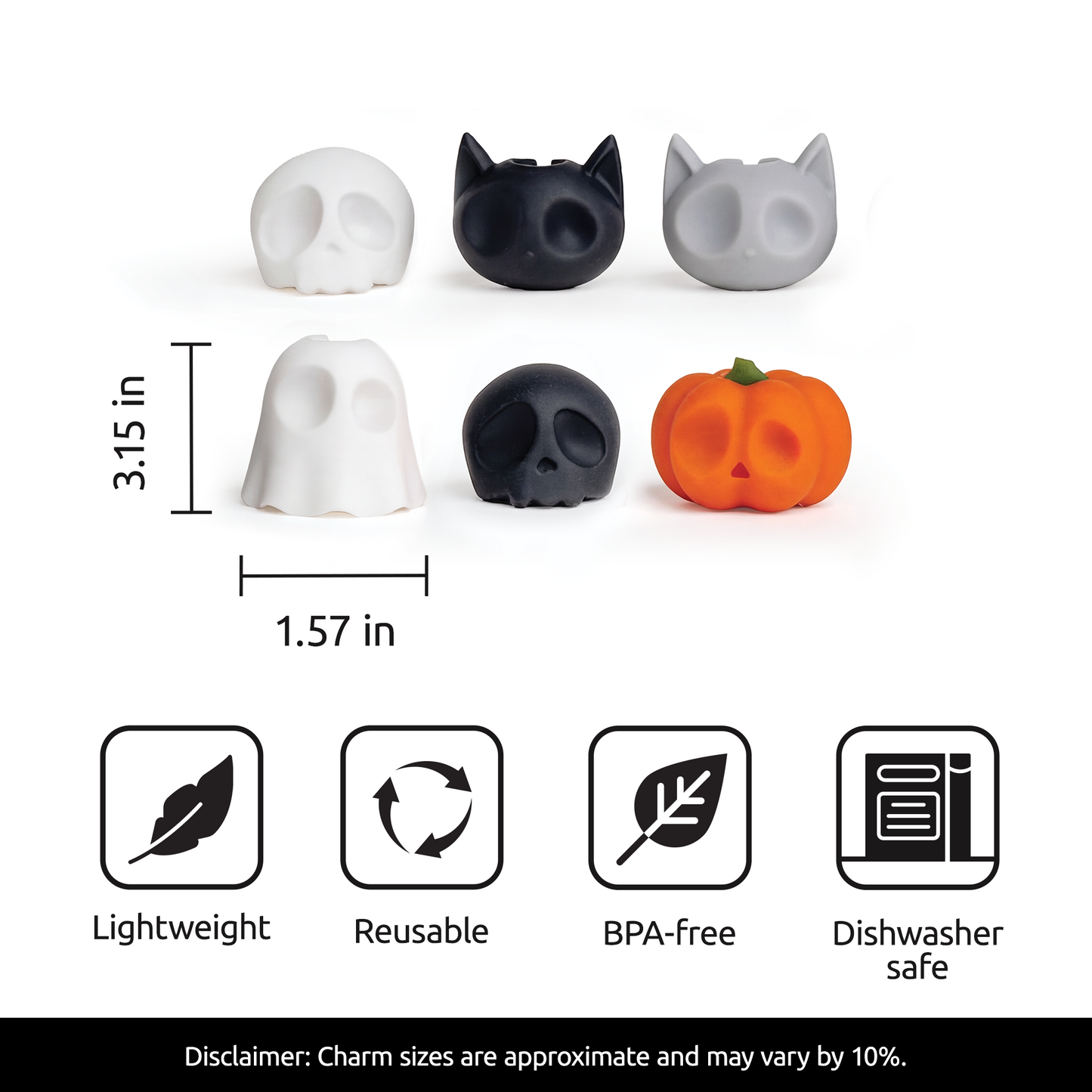 Boo Team: Six lightweight, reusable, BPA-free, dishwasher-safe Halloween charms with icons.