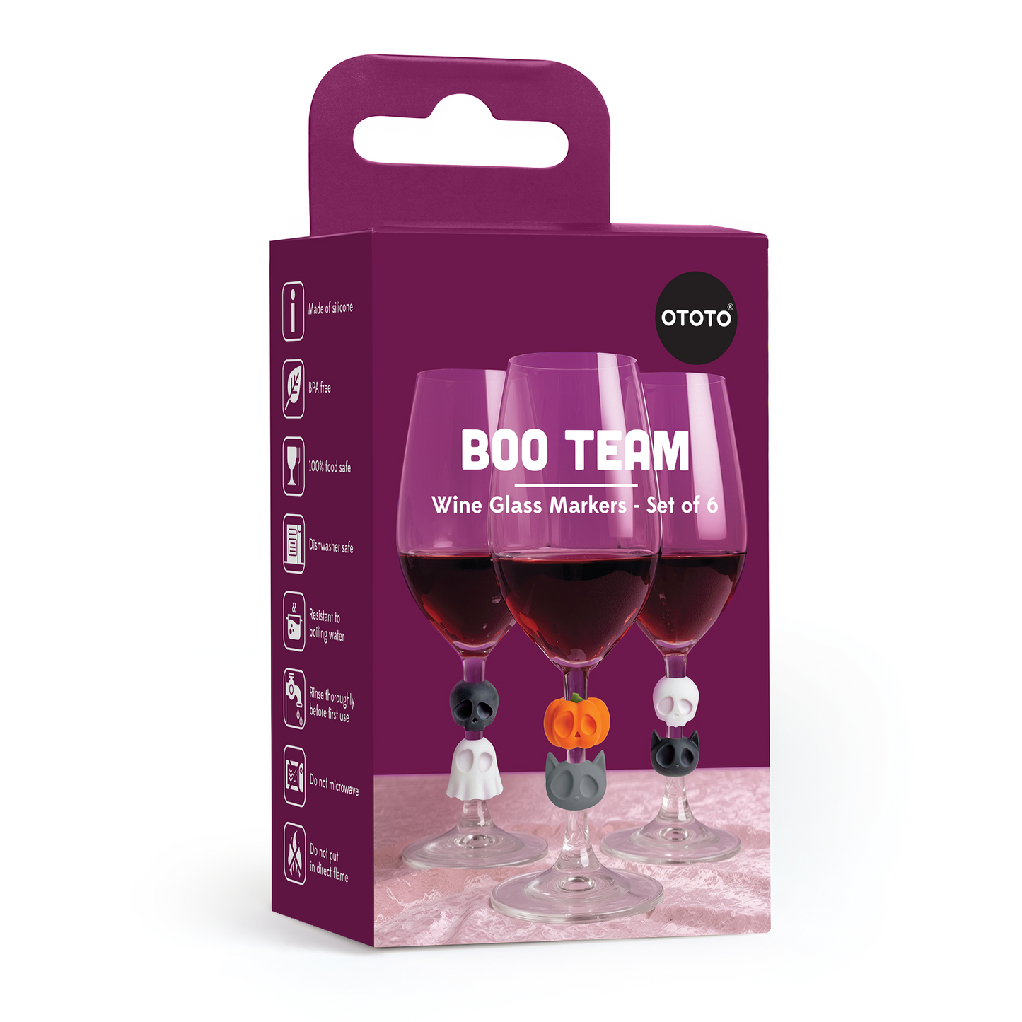 Boo Team wine glass markers: set of 3 glasses with Halloween-themed charms.