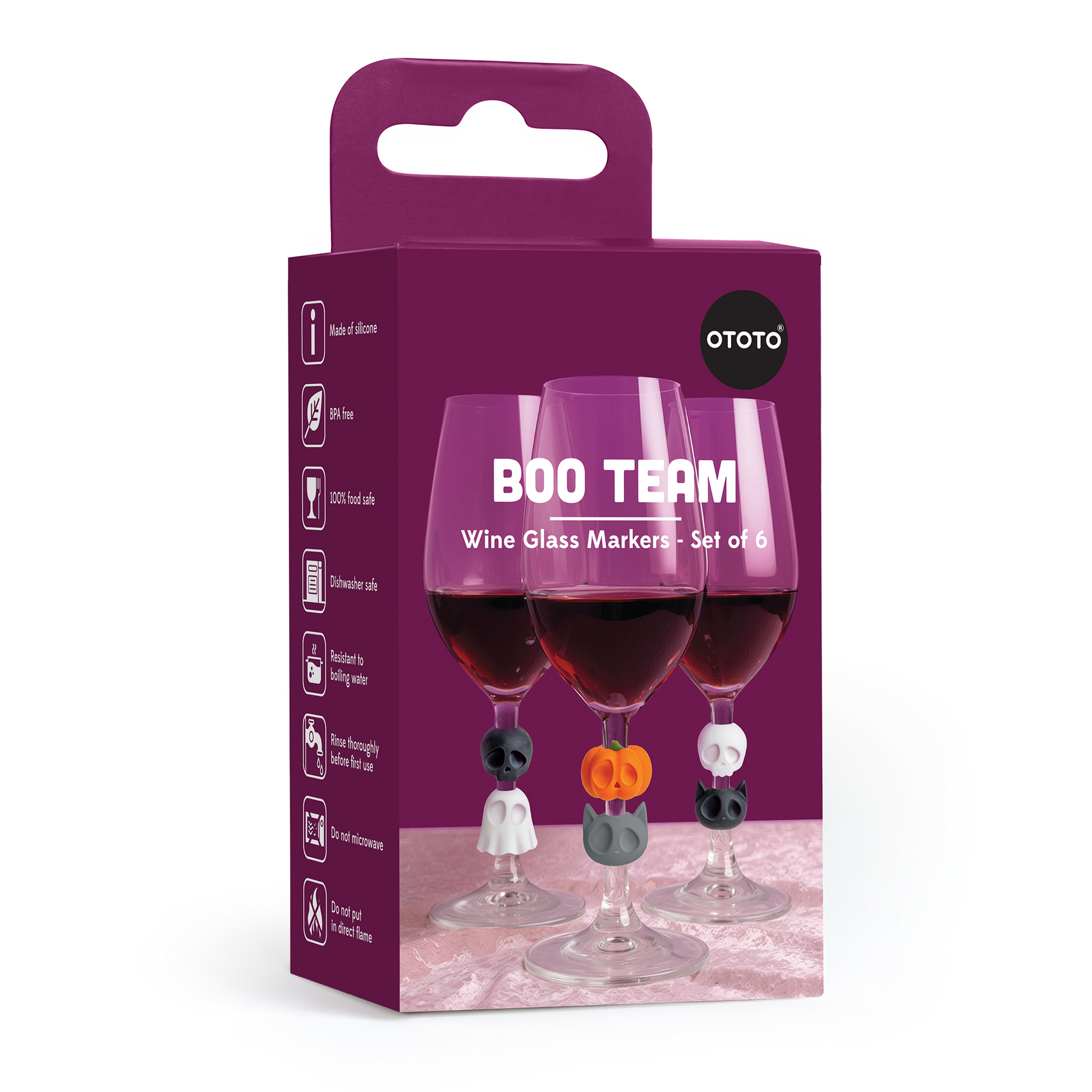 Boo Team wine glass markers: set of 3 glasses with Halloween-themed charms.