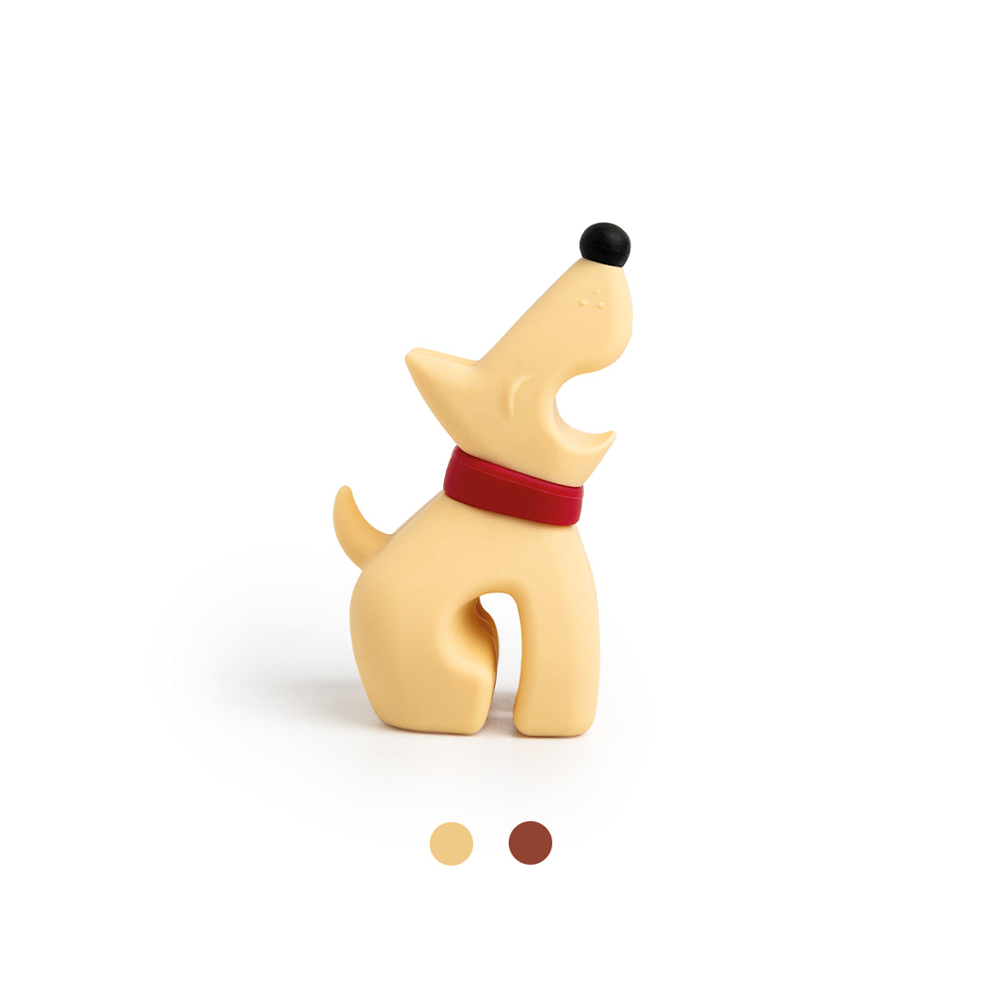 Buddy by OTOTO: Minimalist beige dog figure with red collar and black nose on a white background.