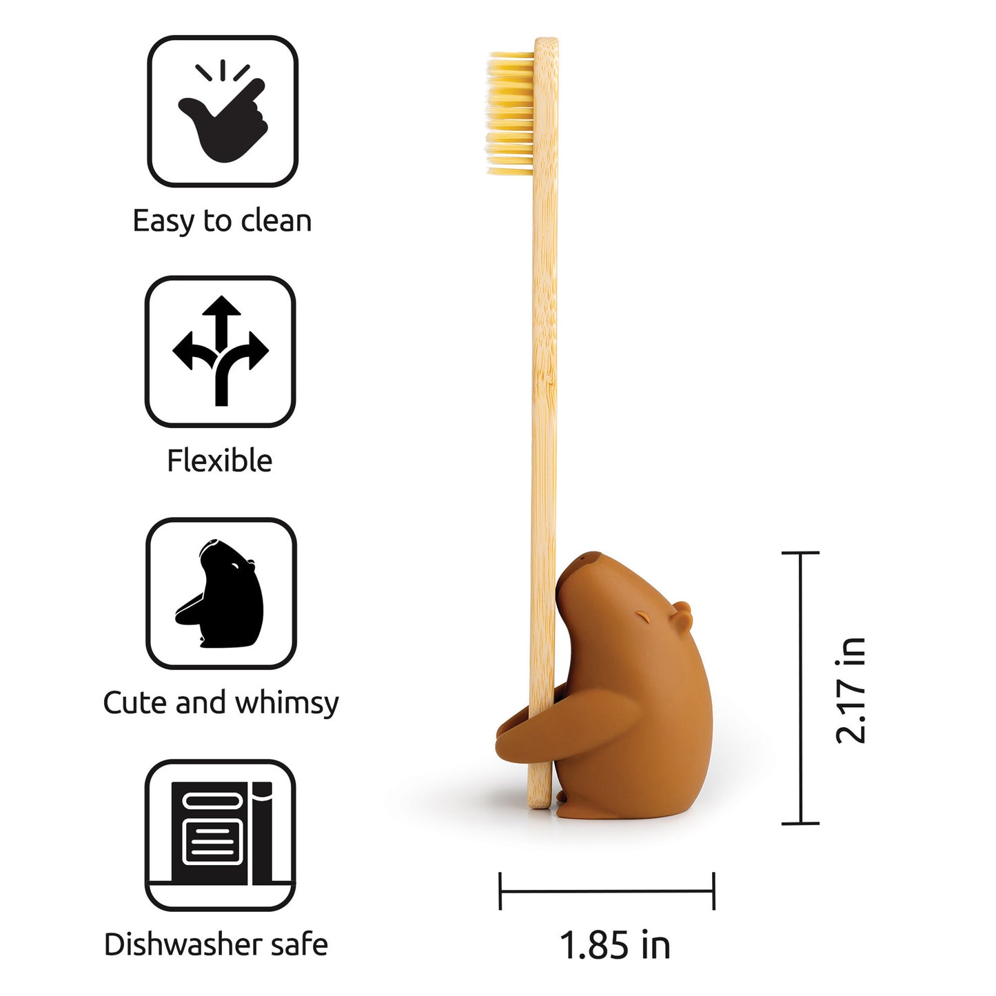 Capybrush brown bear holder by OTOTO, with features and dimensions shown beside.