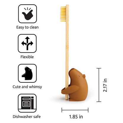 Capybrush brown bear holder by OTOTO, with features and dimensions shown beside.