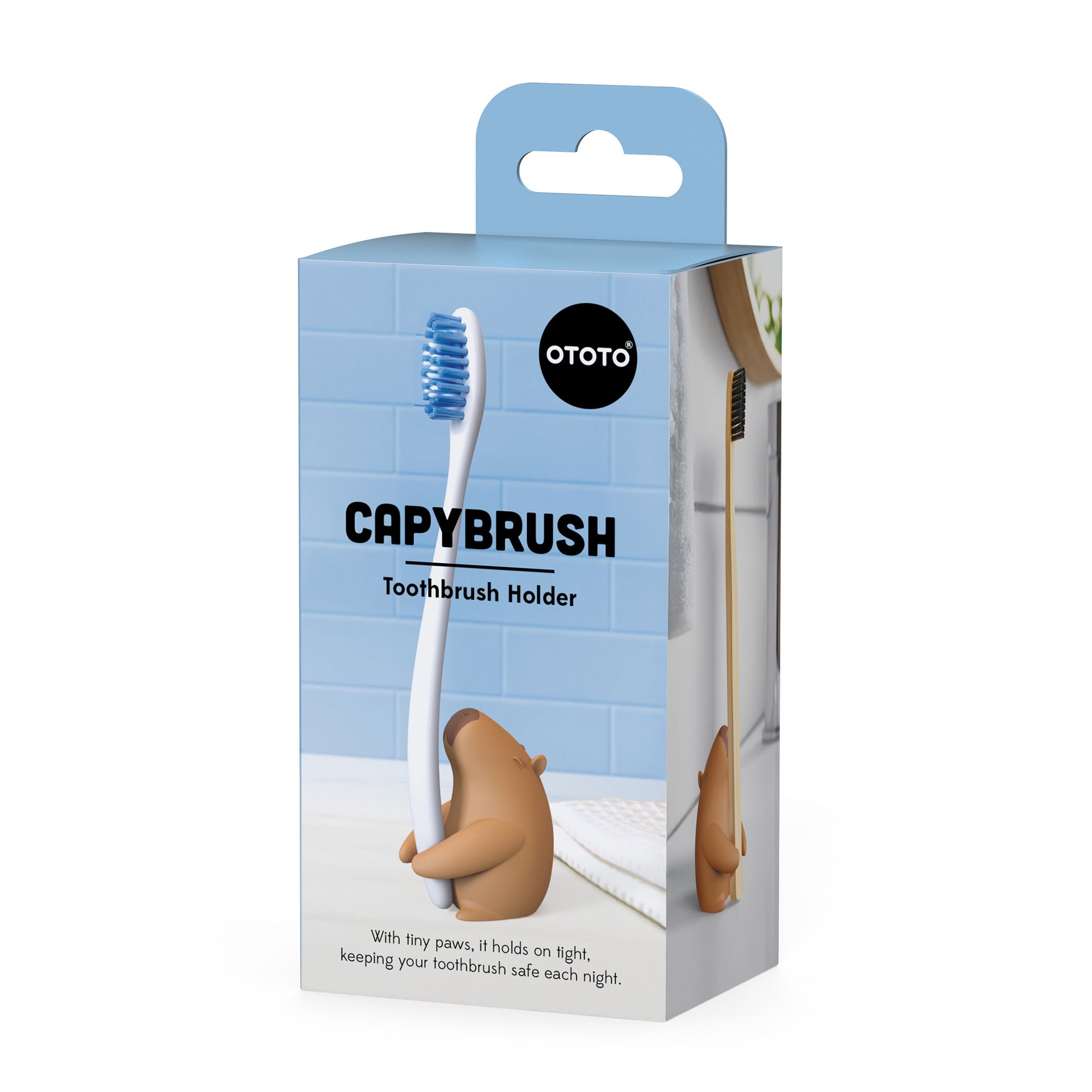 The Capybrush by OTOTO is a capybara toothbrush holder that mounts on your bathroom wall.