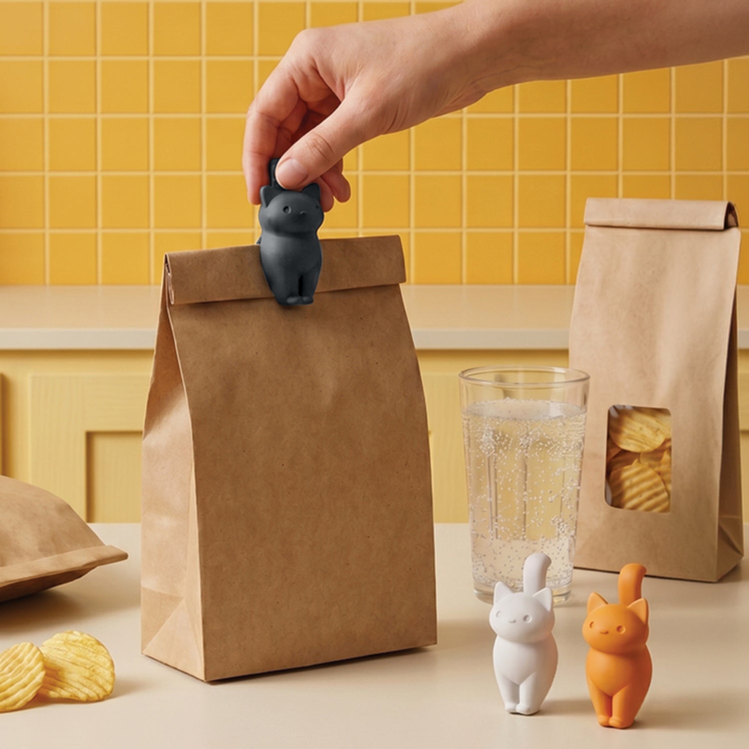 A hand seals a paper bag with a CatSnap; two CatSnaps and snacks sit on the counter.