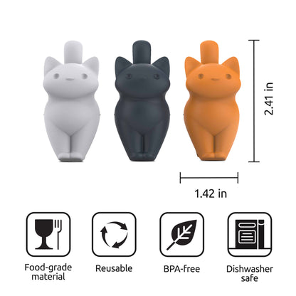 CatSnap: Set of 3 cat-shaped silicone straws in white, black & orange with fun, handy features.