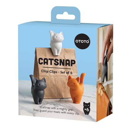 CatSnap: 6 cat-shaped chip clips in a pack, box shows images and usage examples.