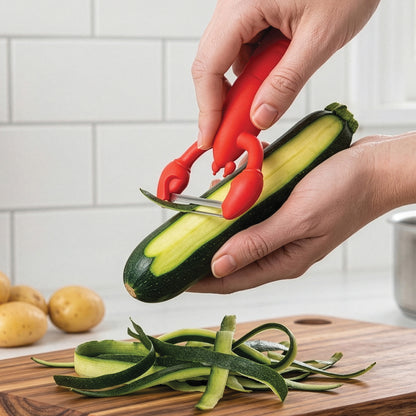Hands peel a zucchini with the OTOTO Clawy crab-shaped peeler over a cutting board.
